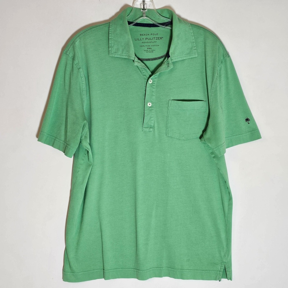 Lilly Pulitzer Polo Shirt Mens Small Green Beach Pima Cotton‎ Pocket Palm Logo